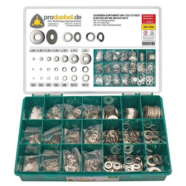 DIN 125/127/9021 Scheiben-Sortiment Edelstahl A4 V4A Ø M3-M12 * 909-tlg.